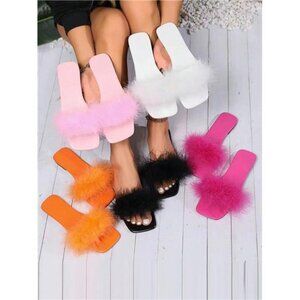 Women Fluffy Decor Flat Sandals, Glamorous Black Slide Sandals